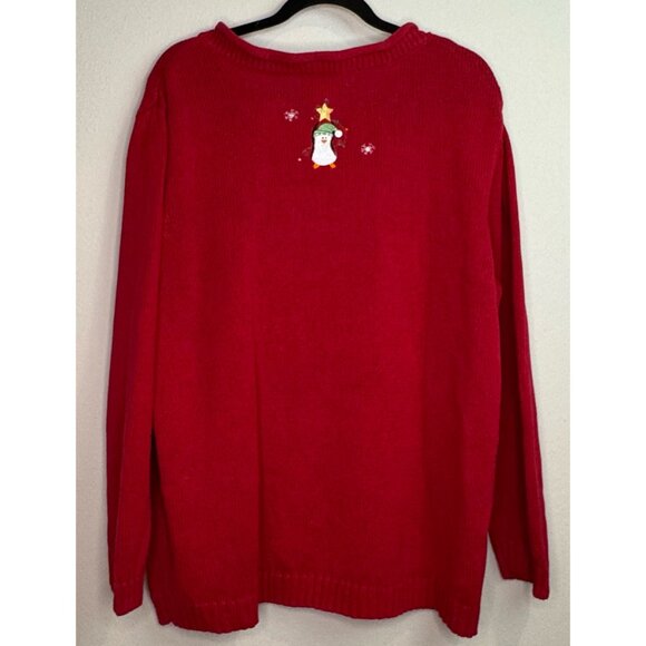 Women’s 2X C.J. Banks By Christopher & Banks Holiday Sweater Red With Penguins - Picture 2 of 3